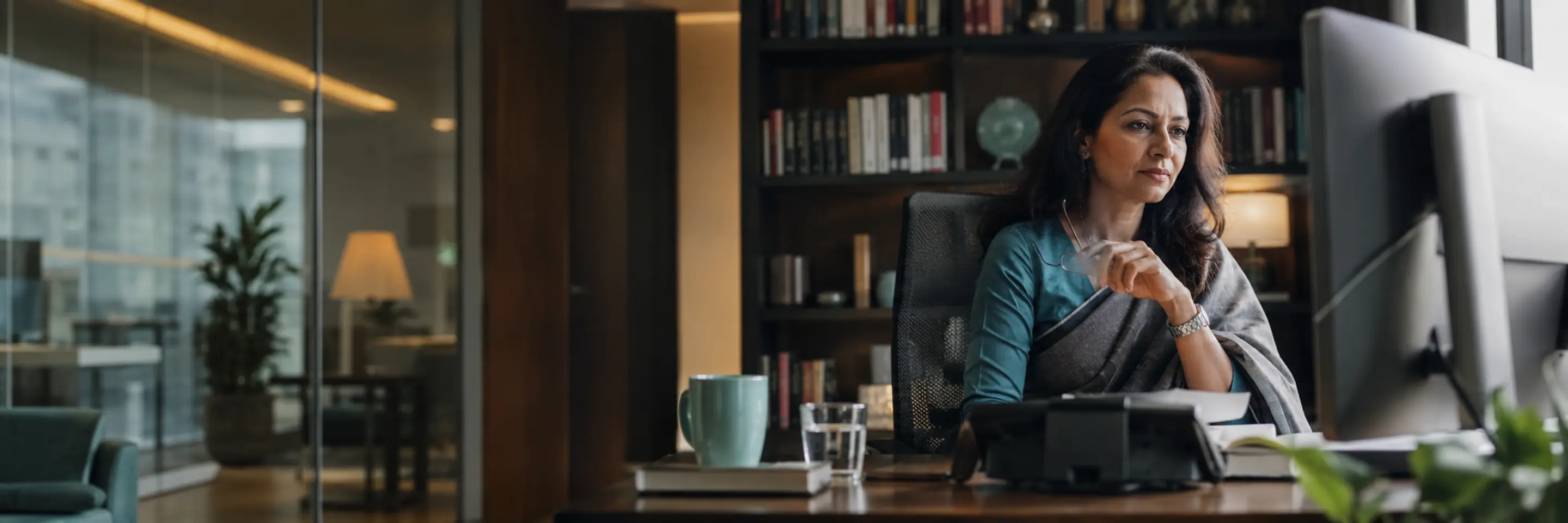 A legal counsel reviewing an agreement on screen in a quiet office