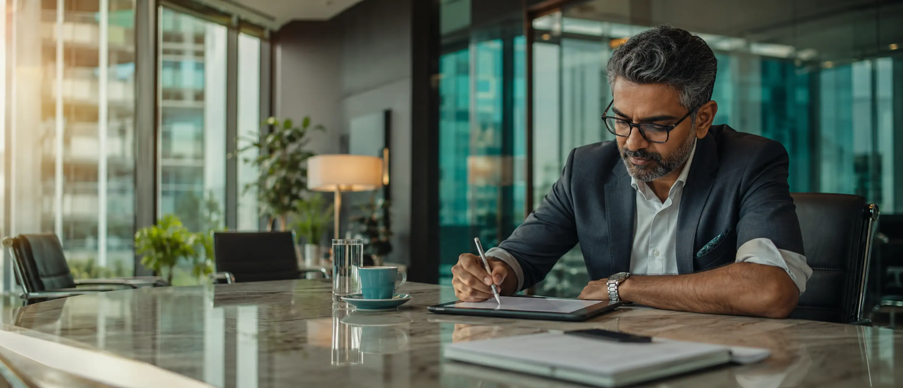 An executive applying a signature on a tablet at a meeting table