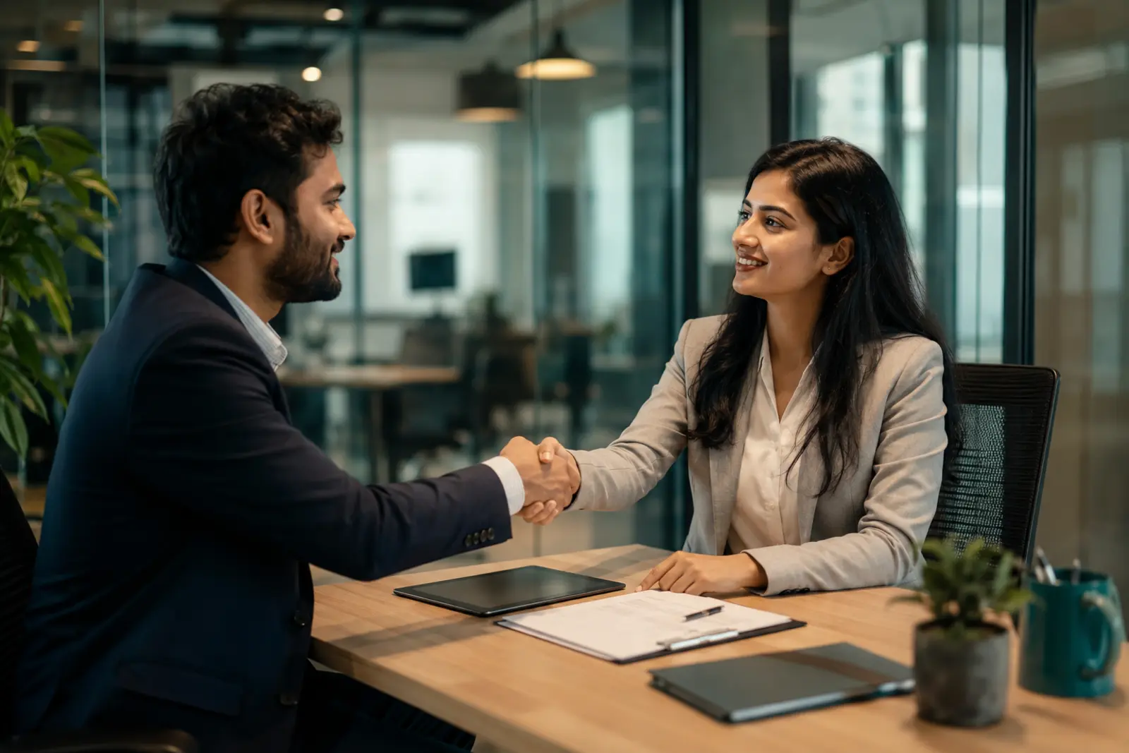 Two professionals concluding an agreement across a meeting table