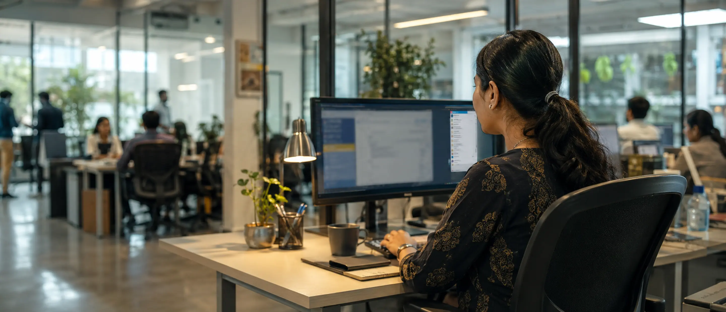 An employee using the desktop assistant alongside their normal work