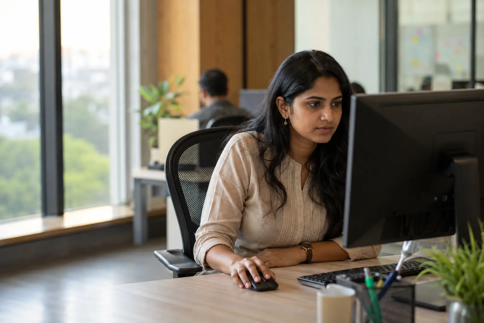 An employee at their desk while a request they raised is being carried out for them