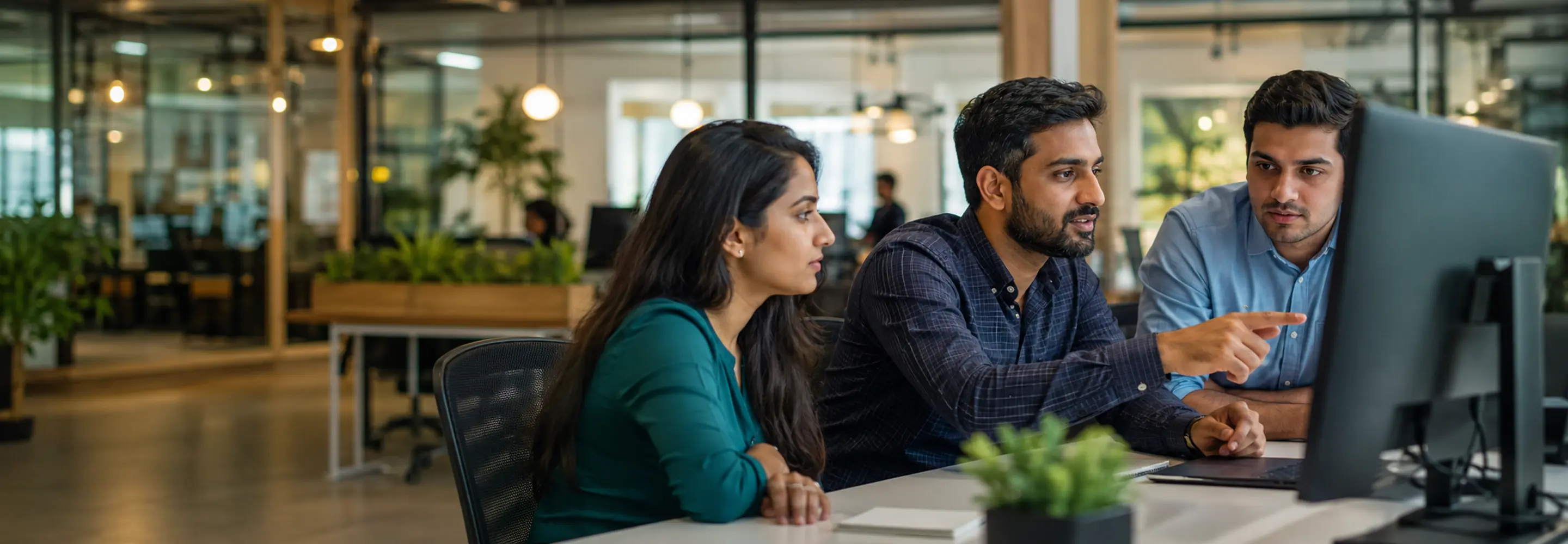An internal support team working together in a modern office