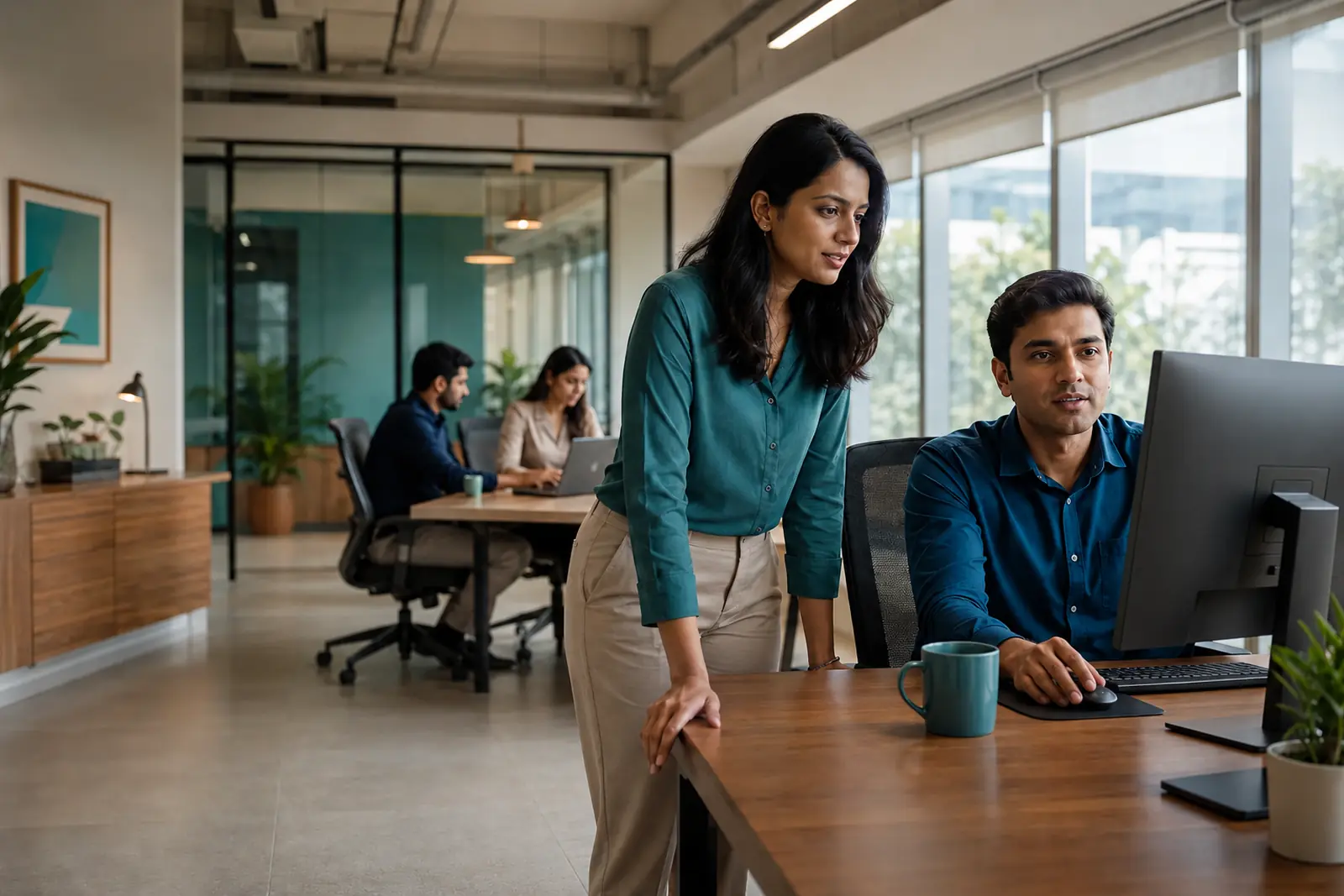 A team at work in an open office, the systems that run their day visible on the screens around them
