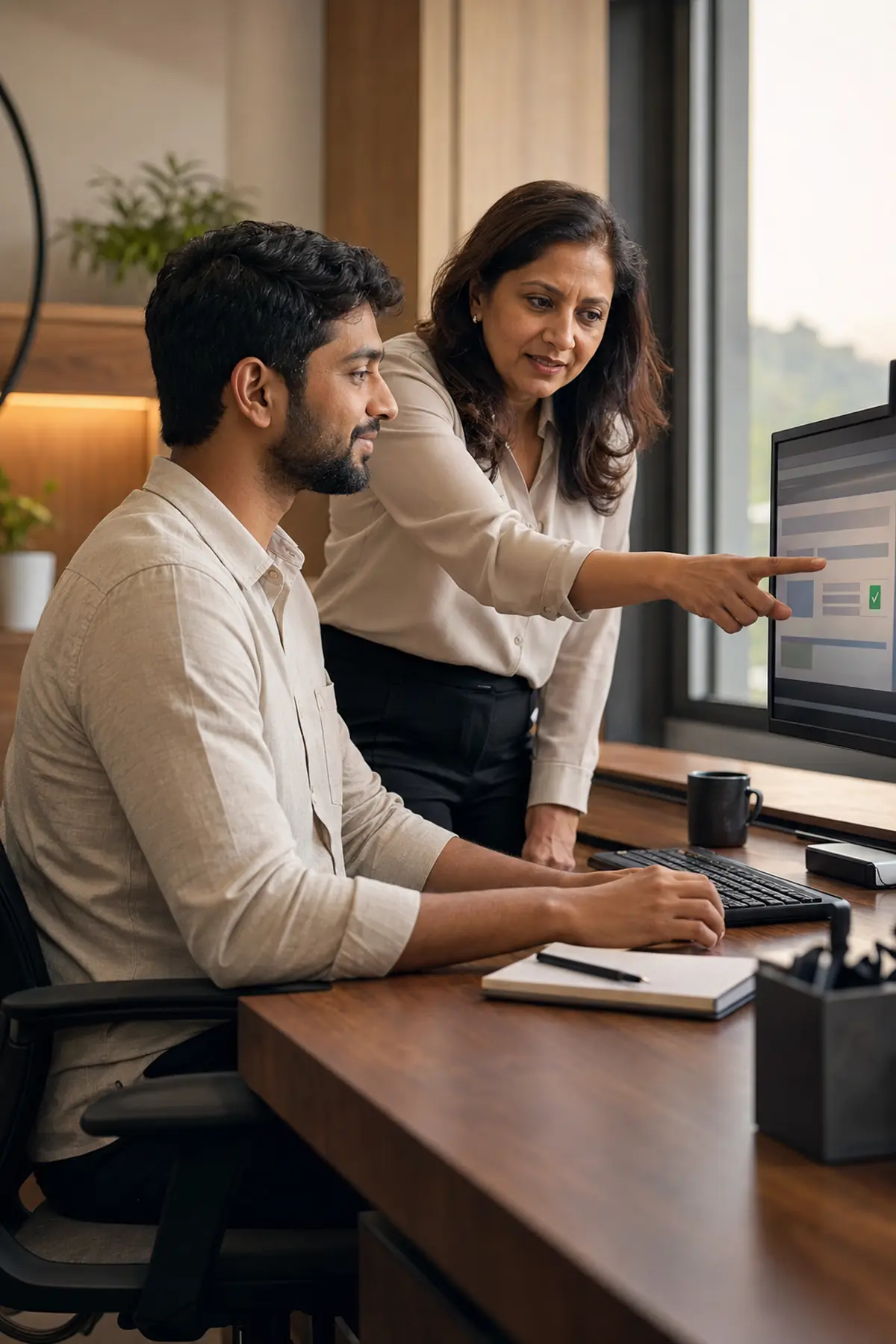 Two colleagues reviewing a completed piece of work together at a desk
