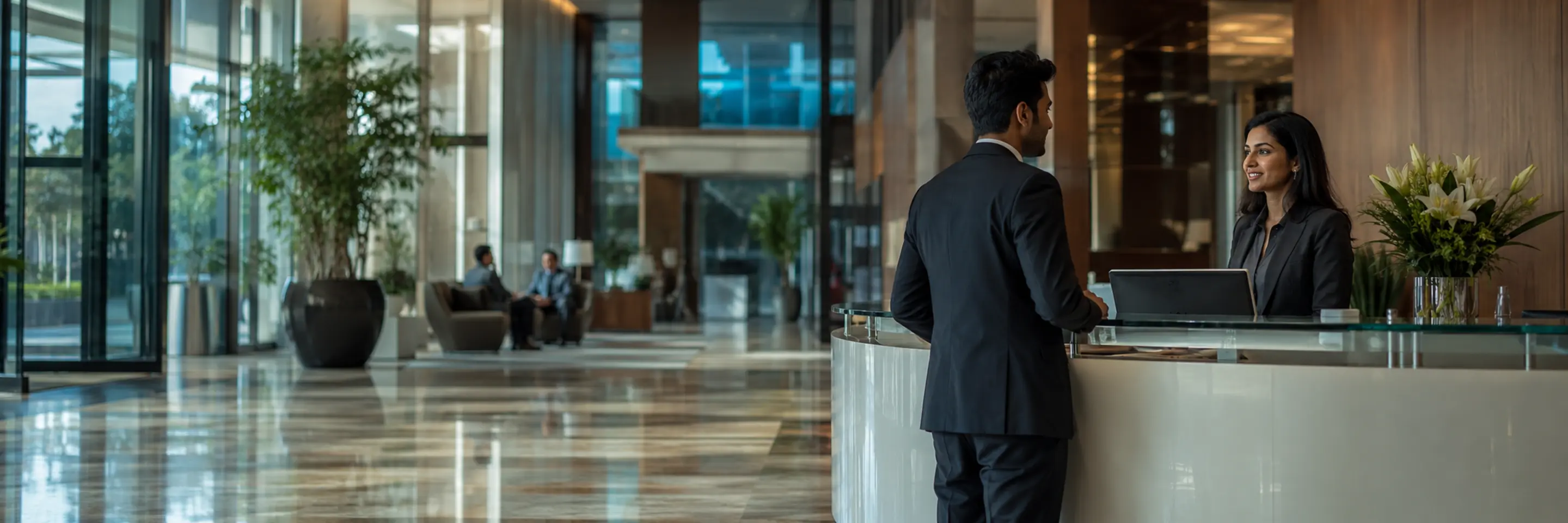 A receptionist welcoming a visitor at a modern reception desk