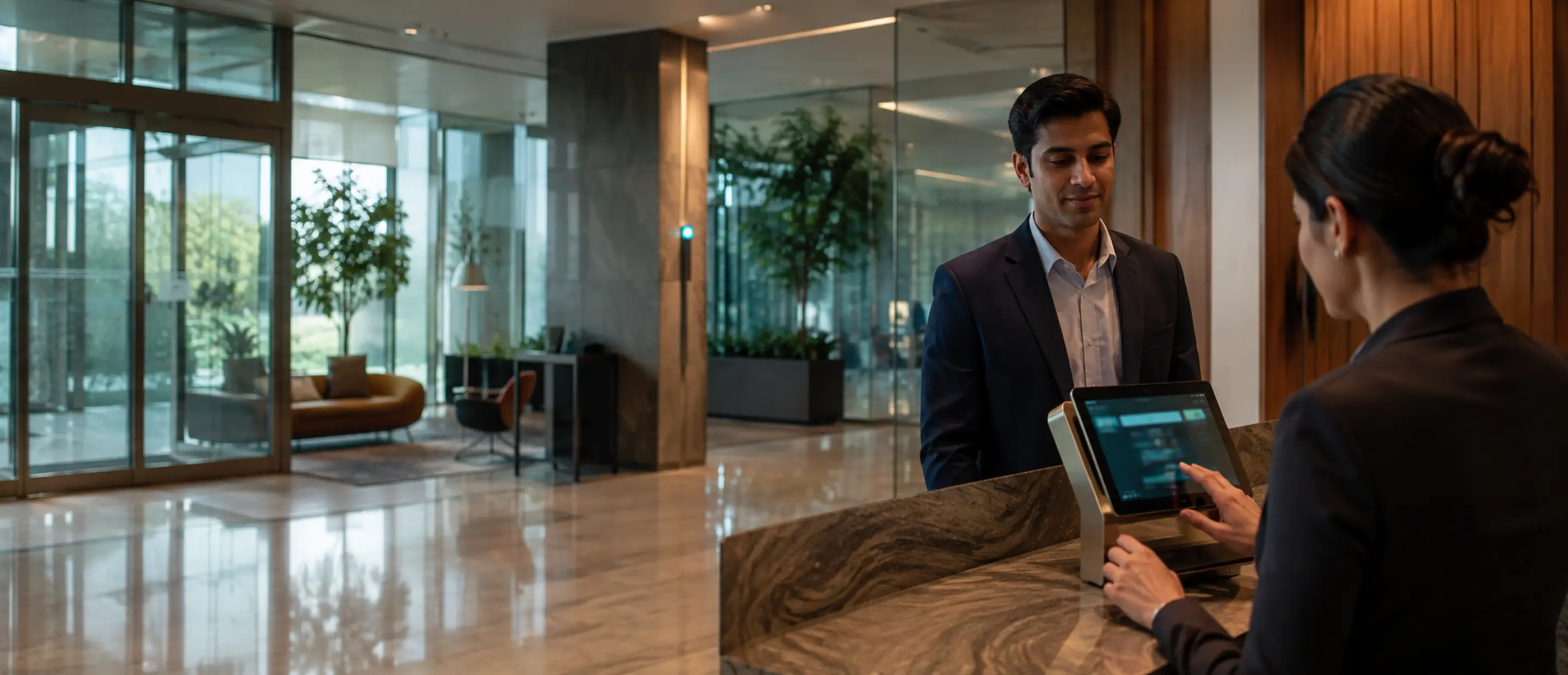 A receptionist checking in a visitor on a reception tablet