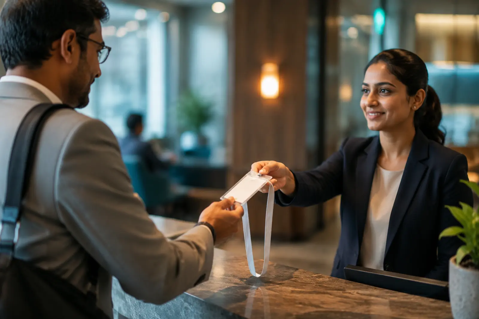 A visitor badge being handed across a reception counter
