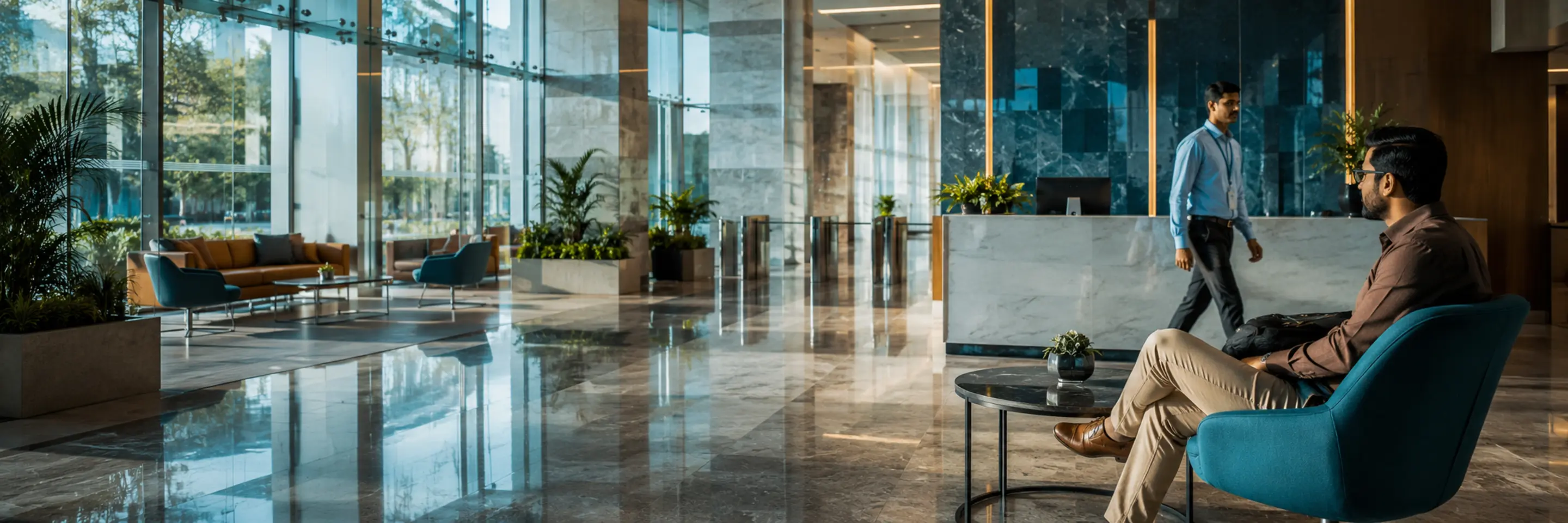 A modern corporate lobby with a visitor waiting and an employee walking through