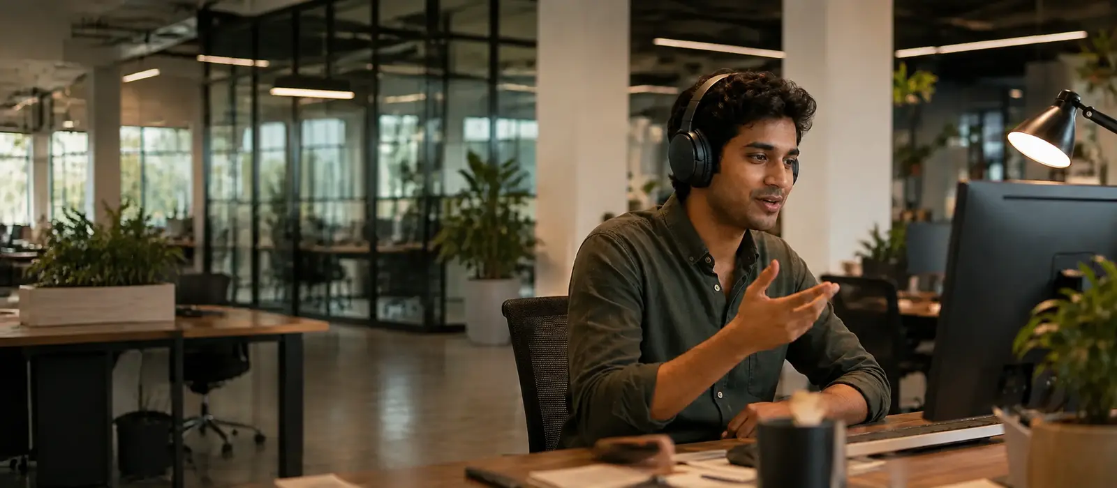 An employee wearing headphones, mid-conversation with the AI tutor at their desk