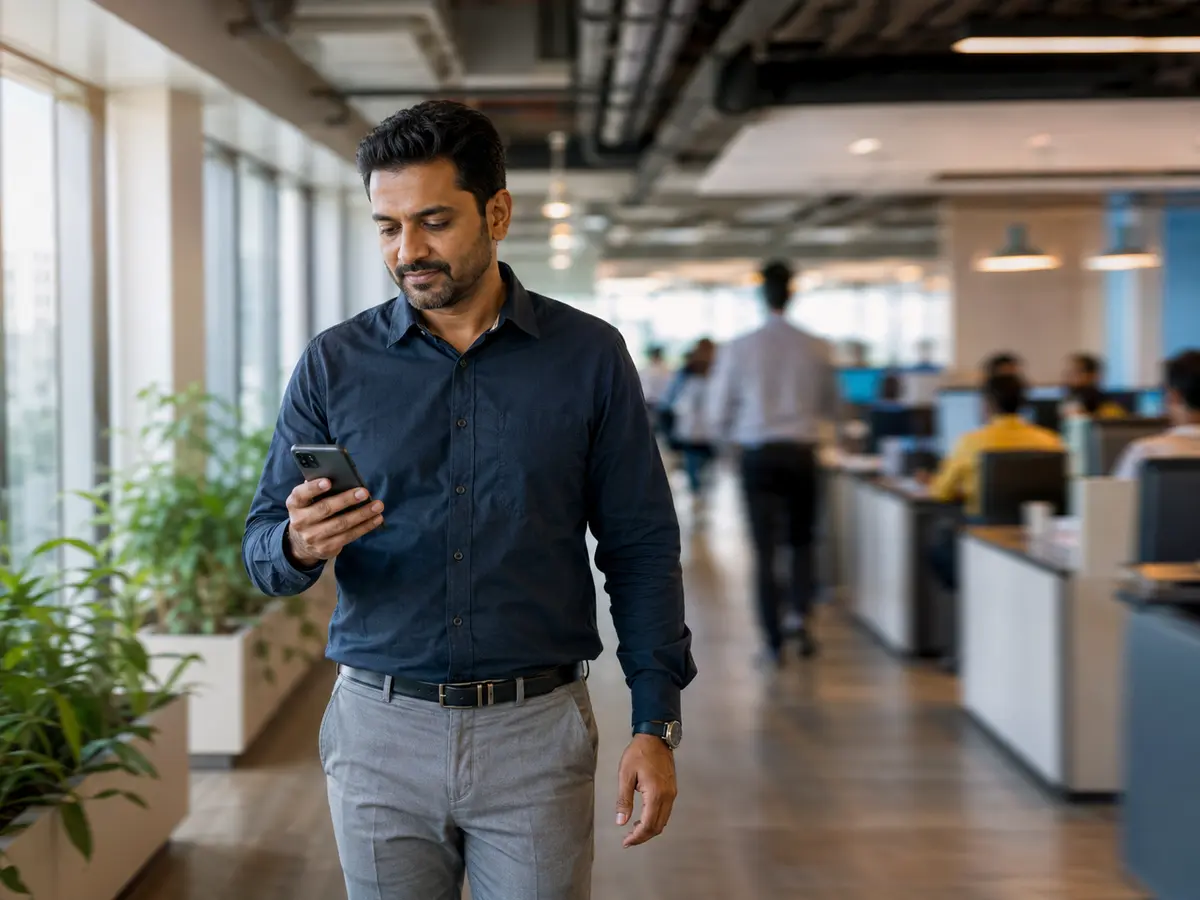 A manager checking a deadline alert on their phone in an open-plan office