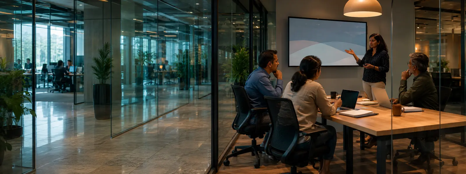 Colleagues reviewing team learning progress together in a meeting room