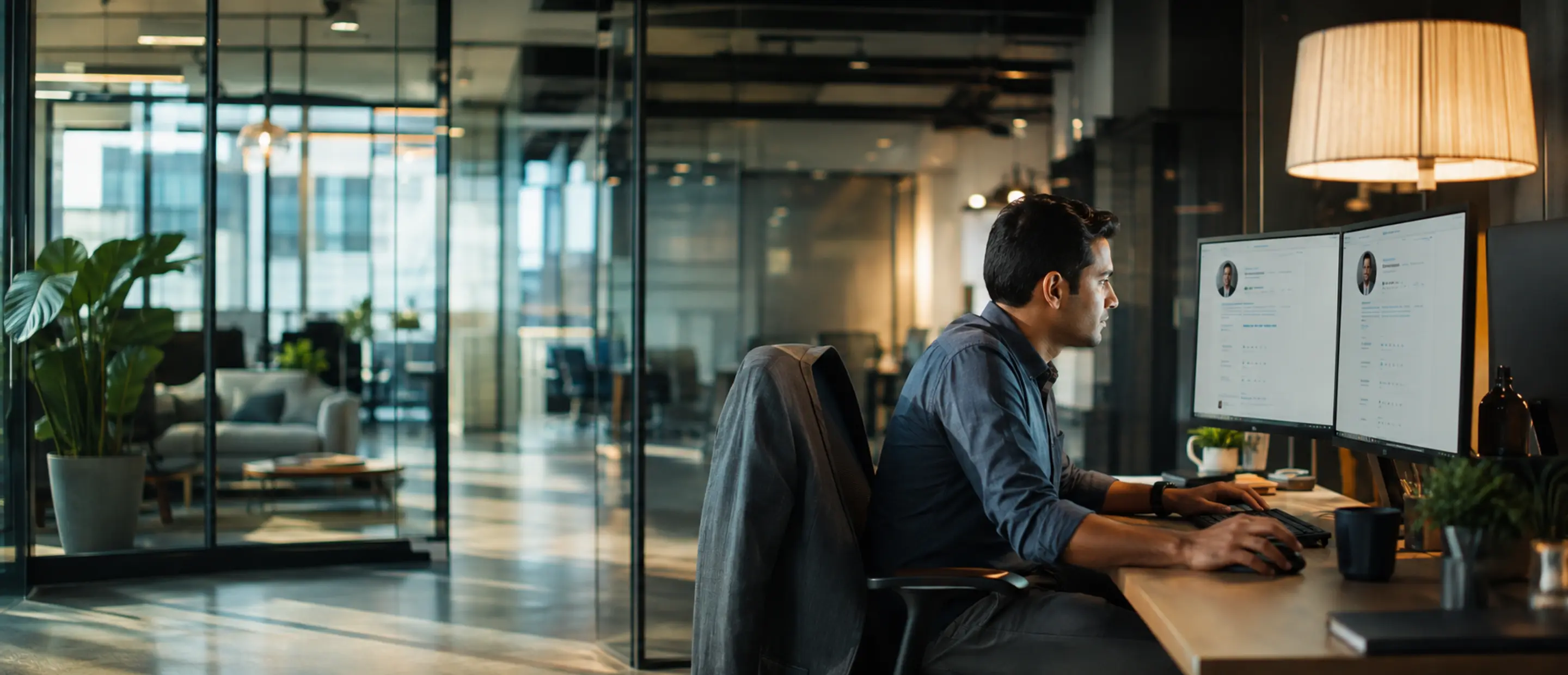 A recruiter comparing candidate profiles across two monitors