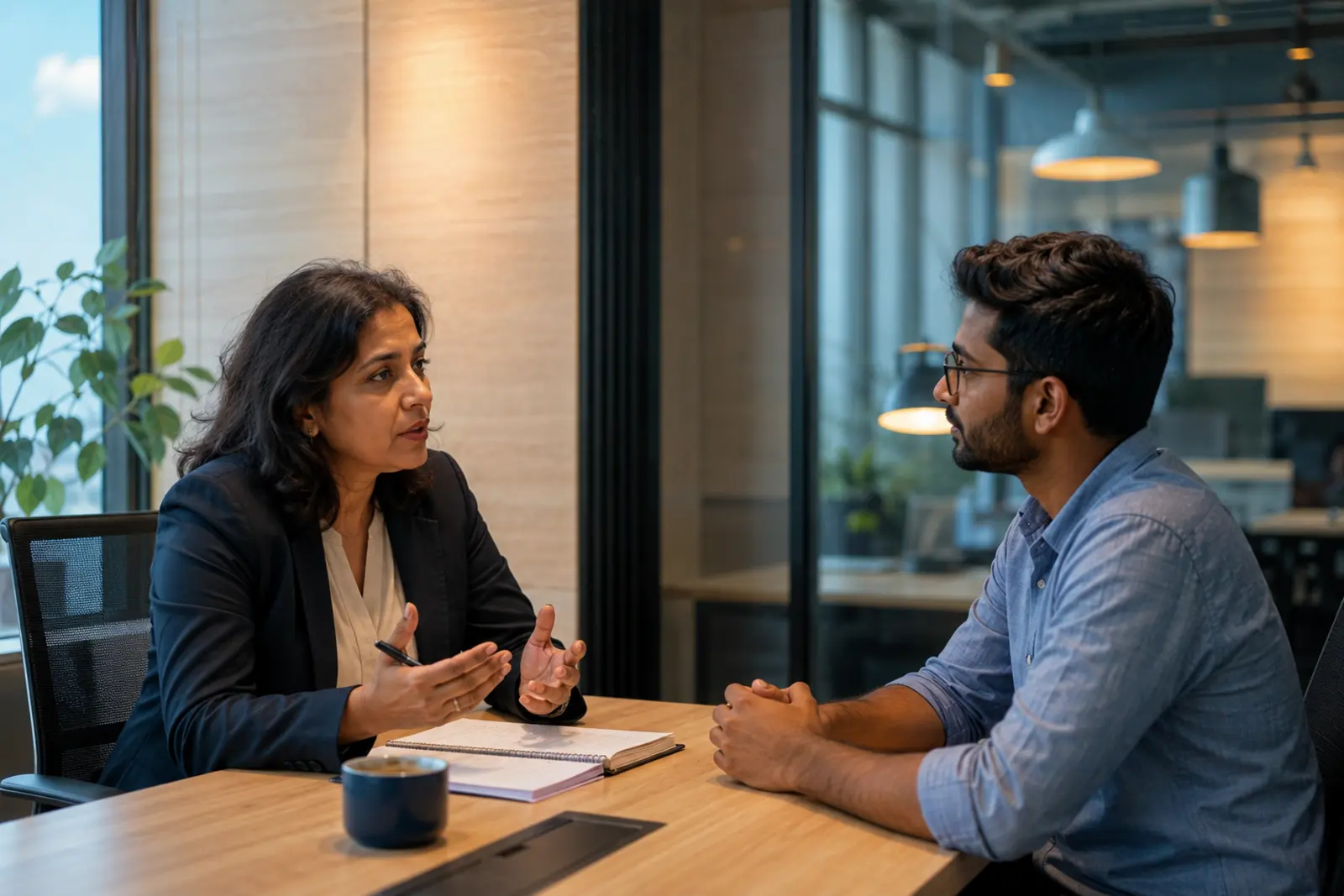A hiring manager and recruiter reviewing a role together