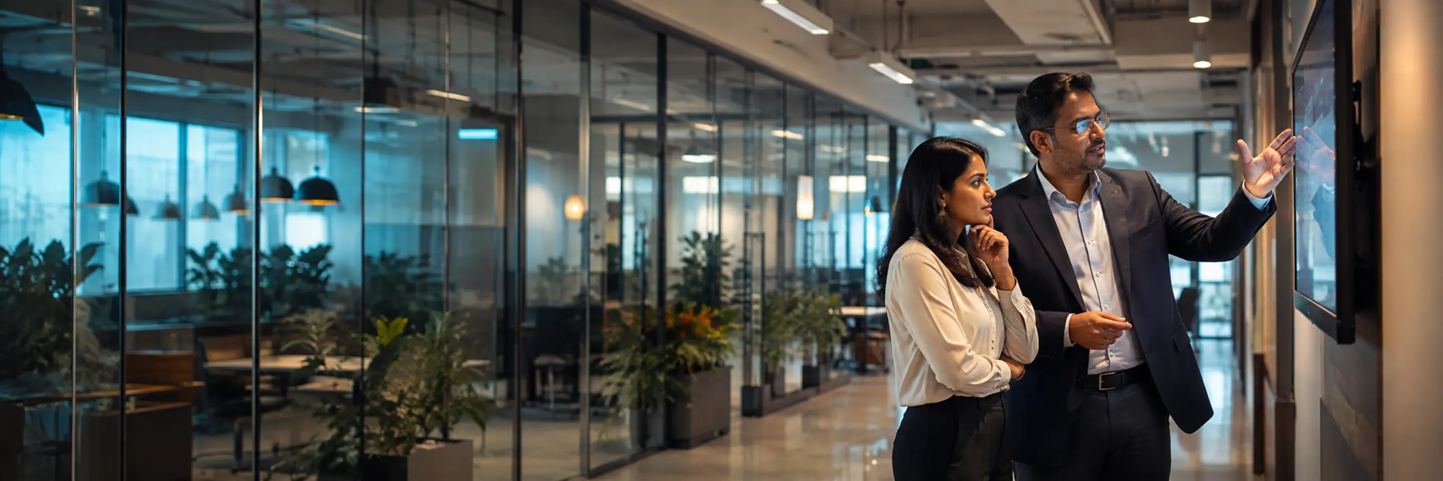 A hiring manager and recruiter reviewing a shortlist together at a wall screen